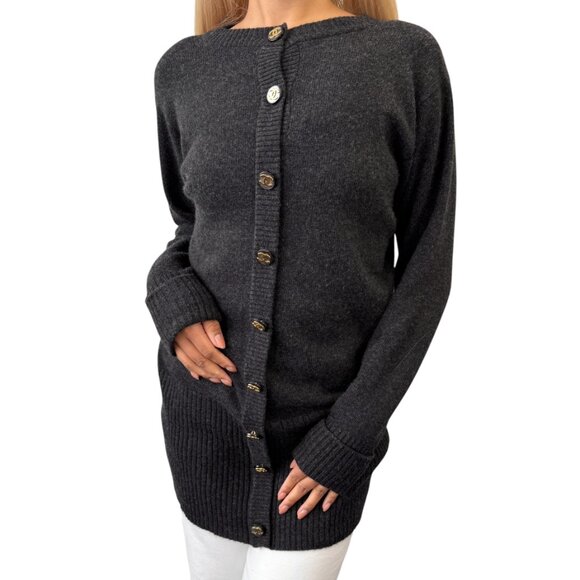 CHANEL Vintage CC Mark Logo Knit Sweater Button Dark Gray Gold Cashmere [106393] - Picture 3 of 12